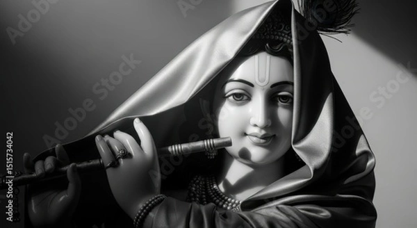 Obraz Krishna playing flute black and white hindu god deity mythology spiritual art