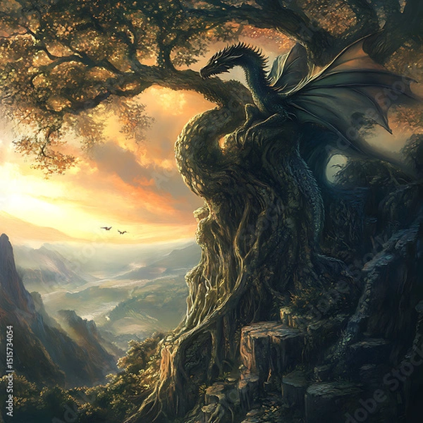 Fototapeta Tree illuminated by golden dragons at night high resolution picture