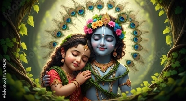 Obraz Radha krishna hinduism indian god mythology devotional art peacock feathers