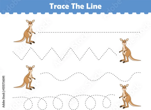 Fototapeta Trace line worksheets for children. Preschool handwriting practice with kangaroo. Vector illustration