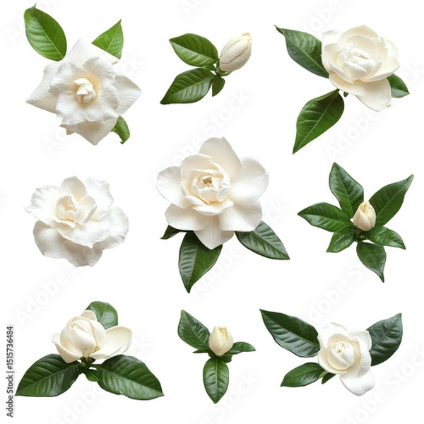Fototapeta Gardenia flowers in various arrangements isolated on a Transparent background for floral design inspiration, various Gardenia flowers isolated on White background