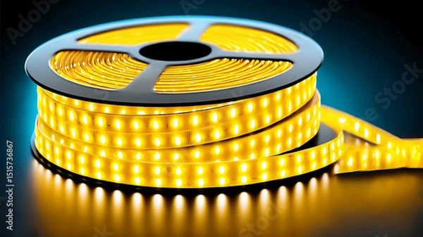 Fototapeta A roll of white LED strip lights with warm yellow lighting emitting bright and soft lights on the dark background The entire scene is illuminated by the