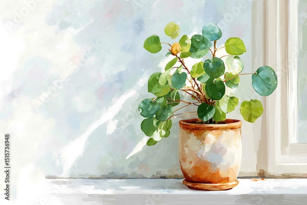 Fototapeta Digital watercolor illustration of a potted plant near a window soft natural lighting elegant shadows pastel wash technique