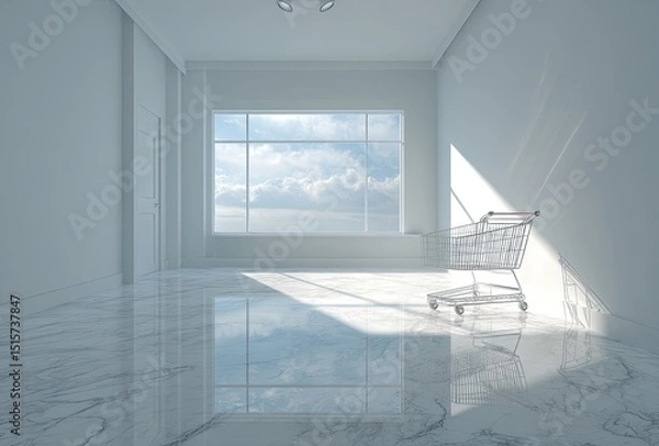 Fototapeta Sunlit empty room with marble floor, large window showing a cloudy sky, and a shopping cart