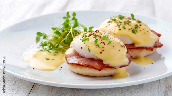 Fototapeta Tempting eggs benedict in the minimalist corner on a white background in a clean food photography style with studio glow radiance spacious layout high re