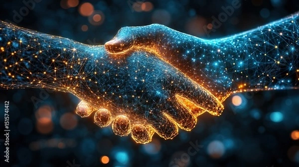 Obraz A digitalized glowing hand shaking a human hand, symbolizing unity