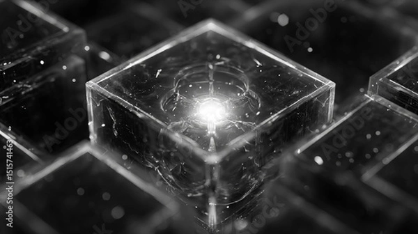Fototapeta An abstract depiction of a cybernetic AI core encased within a transparent black hexagonal lattice. Generative AI