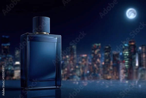 Obraz Deep blue perfume bottle sits on reflective surface against a blurred cityscape at night, under a full moon