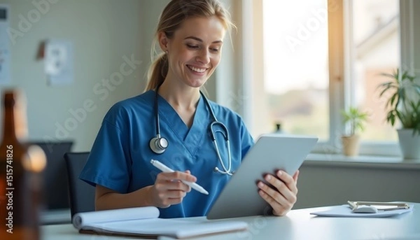 Obraz Smiling Female Nurse Using Tablet for Patient Records and Notes