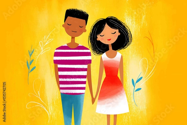 Fototapeta A vibrant and harmonious illustration depicting the essence of gender equality set against a warm sunny yellow background that evokes feelings of hope and