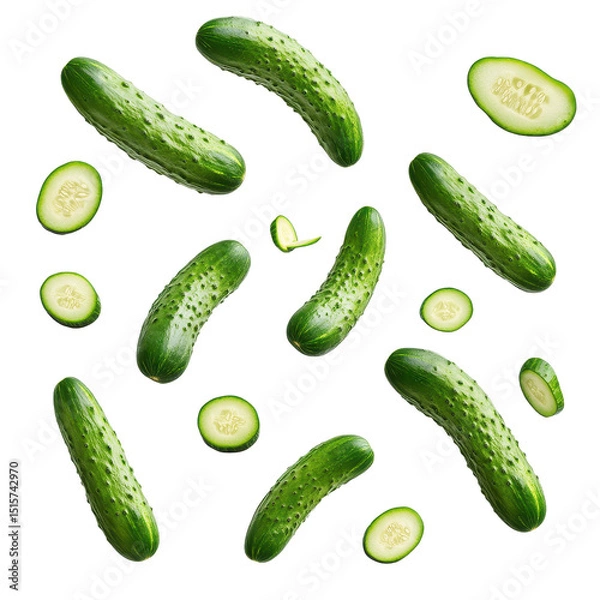 Fototapeta Fresh falling cucumbers isolated on white background creating an appealing food composition, Falling cucumbers isolated on white background