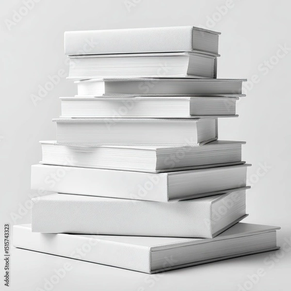 Obraz A neatly stacked pile of blank, white hardback books against a light grey background