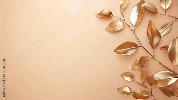 Fototapeta Light blush pink background with subtle golden botanical elements fine metallic leaves and vines airy composition luxury spa aesthetic large blank area