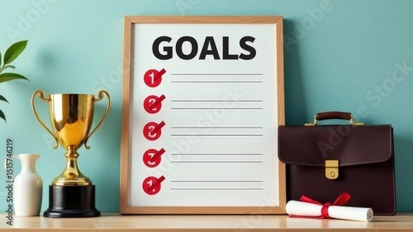 Fototapeta Framed white board with the word goals written on it. The board is next to a trophy