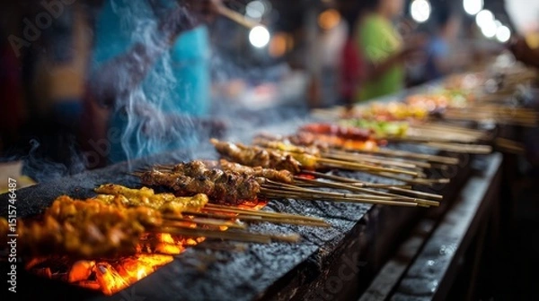 Fototapeta grilled skewers with smoke.