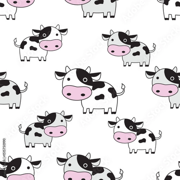 Fototapeta Vector smiling standing cow pattern on white background. Seamless, sketch doodle or marker style with outline. For textile prints, wrapping paper, milk packages etc.