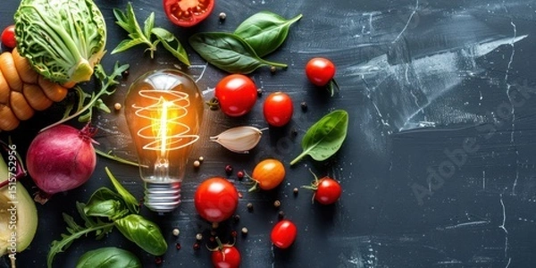 Fototapeta A vibrant, colorful arrangement of fresh vegetables, including tomatoes, cucumbers, and bell peppers, placed on a dark,