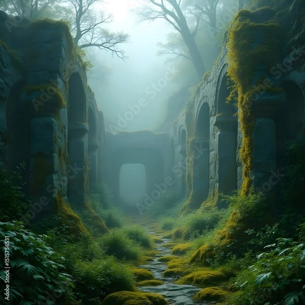 Obraz Mossy Ancient Ruins in Misty Valley – Atmospheric Nature and History Scene.