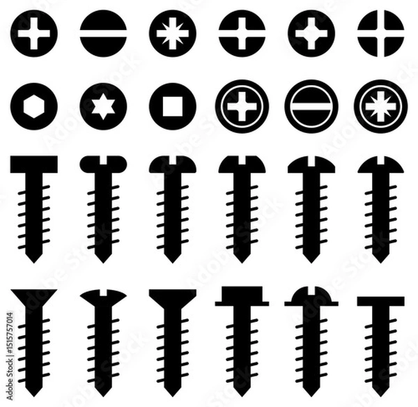 Fototapeta 様々な形のネジ、ボルト、スクリューのベクターイラストのセット