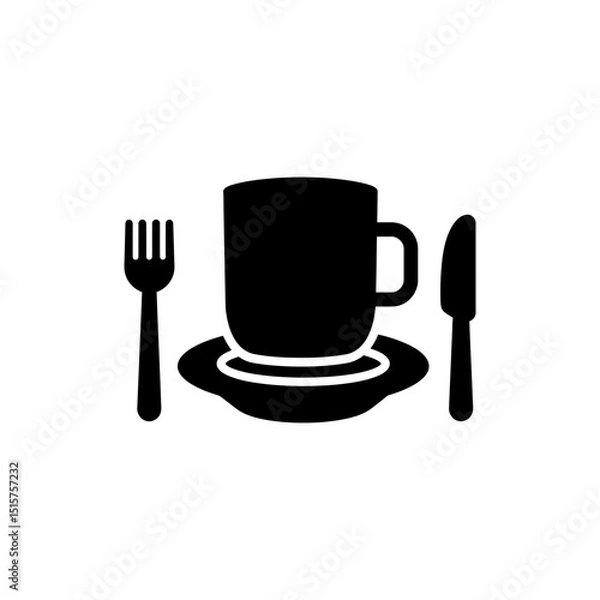 Fototapeta Mug on Plate with Fork Icon - Breakfast and Coffee Symbol
