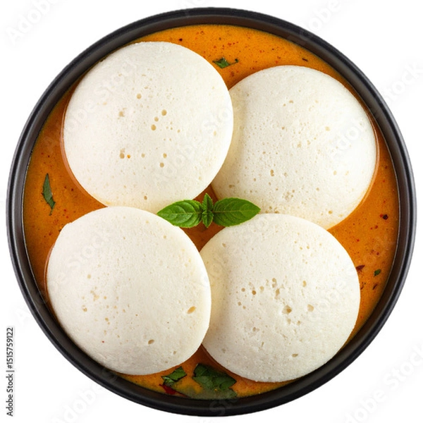 Obraz top view of indian food idli sambar in a bowl isolated on transparent white background, clipping path