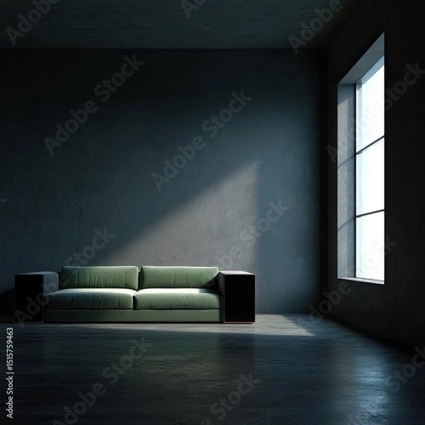 Fototapeta Dark room, green velvet sofa, sunlight illuminates a corner, concrete floor and walls, minimalist design