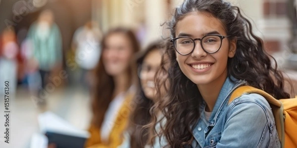 Fototapeta A young girl with long, curly hair and glasses smiling, wearing a denim jacket and carrying a backpack, standing in a hallway with other students in the background.