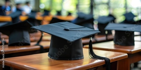 Fototapeta Graduation hats on desks in a classroom with students in the background