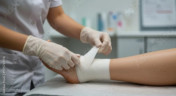 Fototapeta Medical professional applying a bandage to a patient's ankle in a clinic healthcare setting close-up view injury treatment