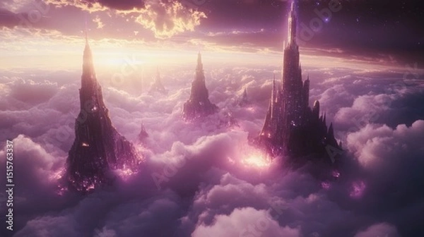 Fototapeta Majestic fantasy city towers emerging above soft fluffy clouds