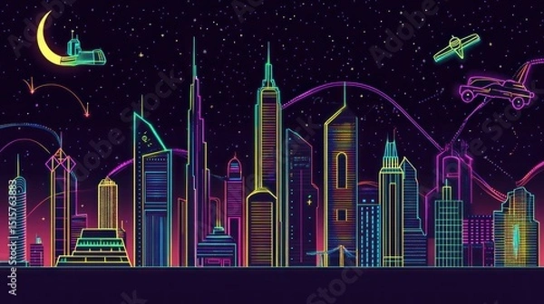 Fototapeta Colorful neon city skyline with a night sky background is shown