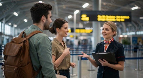 Fototapeta Travel guidance interaction airport terminal customer service modern environment close-up view enhancing travel experience