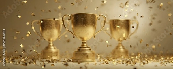 Obraz Three golden trophies amidst falling confetti, celebrating achievement and success