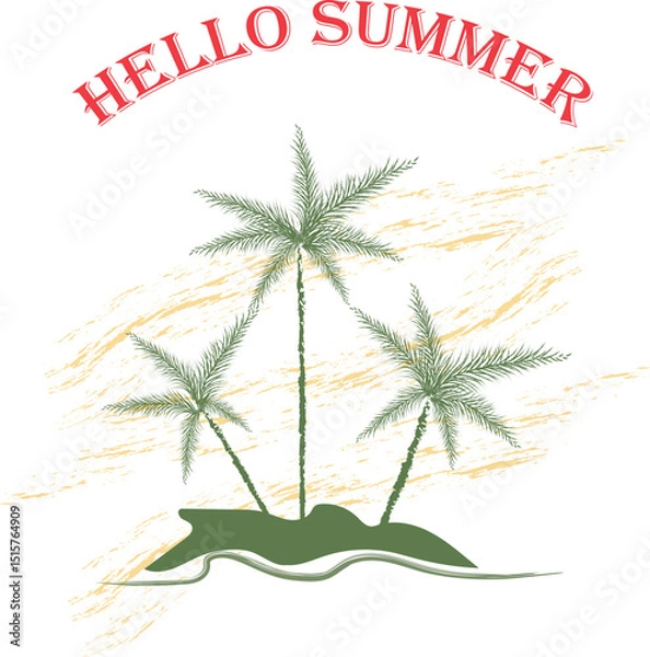 Fototapeta  Hello Summer – Minimal Palm Tree Summer Quote Vector for Trendy T-Shirts.
 Clean and simple summer design with palm tree and “Hello Summer” quote, perfect for apparel.
