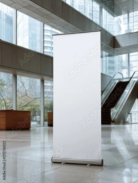 Fototapeta Blank retractable banner stand in modern lobby, showcasing its design and potential for advertising