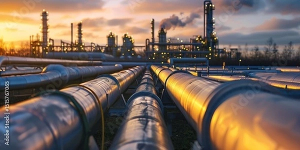 Fototapeta A pipeline network with industrial pipelines and oil tanks in the background.