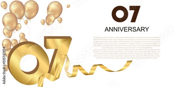 Fototapeta Elegant golden 7th anniversary design with balloons, large numbers, and ribbon—perfect for celebrating milestones or creating festive greeting banners.	