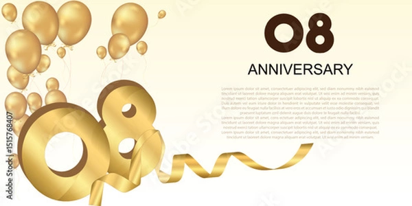 Fototapeta Elegant golden 8th anniversary design with balloons, large numbers, and ribbon—perfect for celebrating milestones or creating festive greeting banners.	