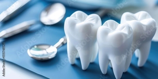 Fototapeta Three white teeth on a blue surface with dental tools in the background.