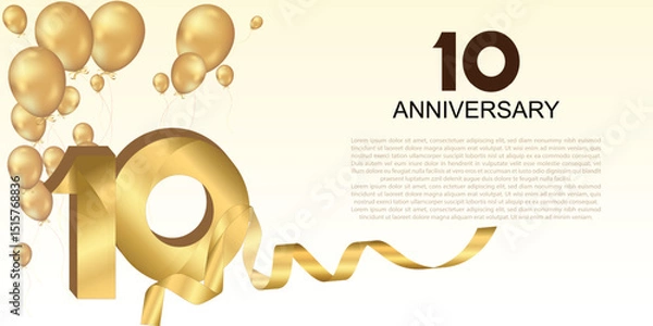 Fototapeta Elegant golden 10th anniversary design with balloons, large numbers, and ribbon—perfect for celebrating milestones or creating festive greeting banners.	
