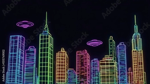 Fototapeta Glowing neon skyscrapers and flying saucer objects at nighttime