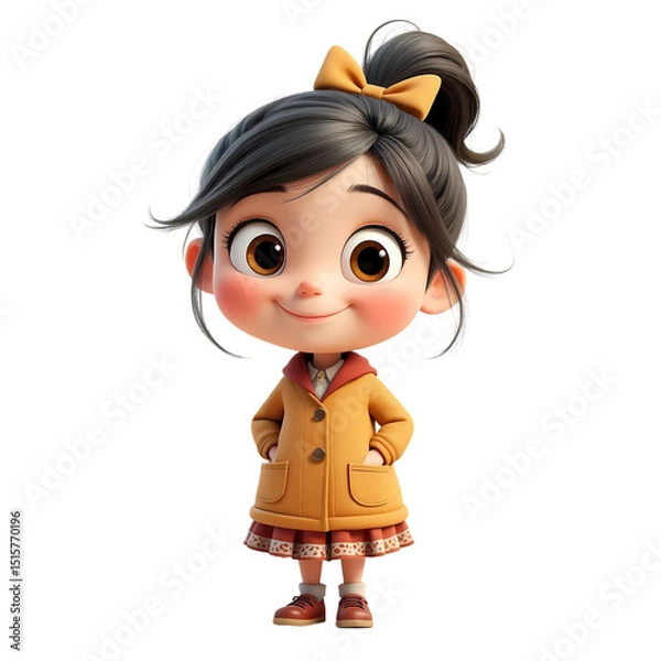 Fototapeta A cartoon girl with a yellow bow in her hair wearing a brown coat and a patterned skirt standing up isolated on transparent background