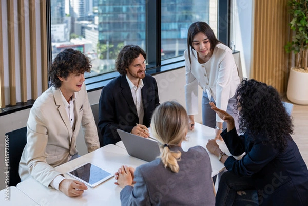 Fototapeta Asian woman sale manager is showing annual report to her colleague in executive meeting for next year plan with market share increase for global business and investment