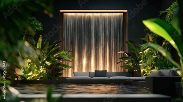 Fototapeta Serene outdoor lounge with waterfall feature, nestled amongst lush greenery, illuminated at night