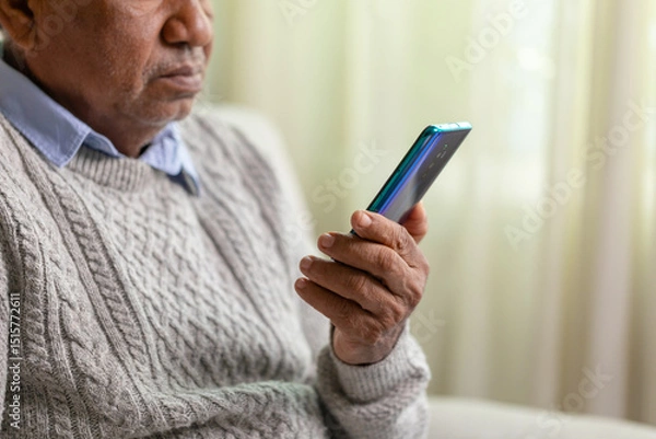 Fototapeta Cropped image, sad elderly Asian man using mobile phone while sitting on sofa at home.