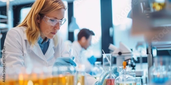 Fototapeta A woman in a lab coat and gloves working in a laboratory.