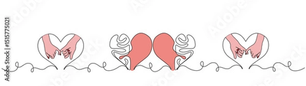 Fototapeta continuous line of hand and half of human brain and human heart. Vector illustration, one continuous line in mind and love in the form of heart logo icon. Philosophical