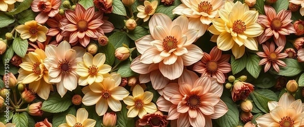 Fototapeta Seamless spring floral pattern; vintage blooms in green and brown tones, featuring ample empty space, artwork, muted
