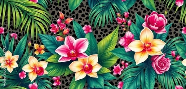 Fototapeta Seamless tropical floral pattern featuring palm leaves, orchids, roses, and a leopard print background, exotic, design