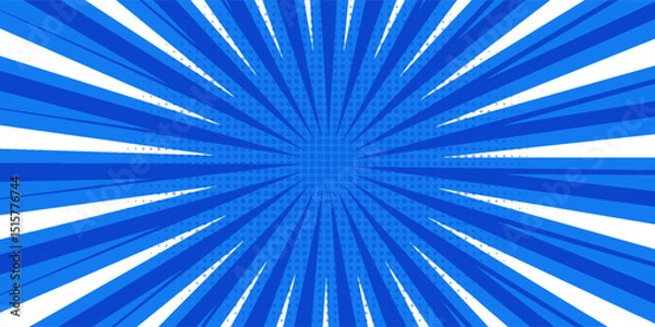 Obraz Blue comic sunburst effect background with halftone. Pop art comic-style vector background. Suitable for templates, sale banners, events, ads, web and pages